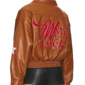 Wish Me Luck Cropped League Bomber Leather Jacket For Sale
