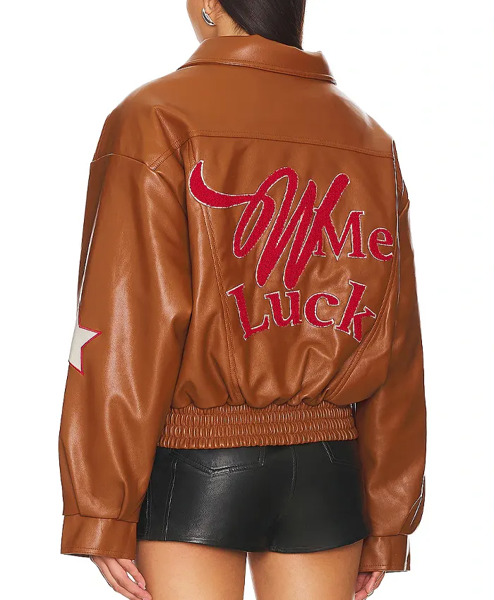 Wish Me Luck Cropped League Bomber Leather Jacket For Sale