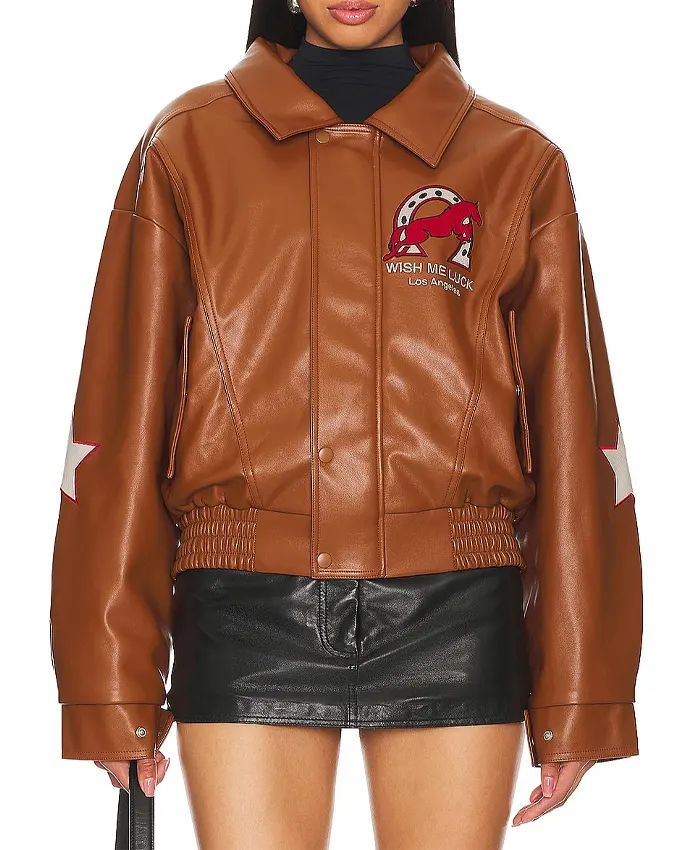 Wish Me Luck Cropped League Bomber Leather Jacket