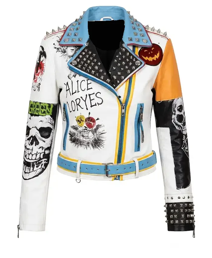 Women’s Gothic Printed Patches Leather Jacket