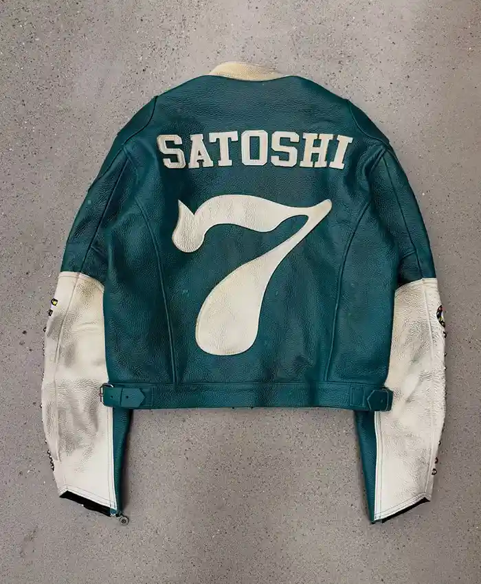 buy now Satoshi Nakamoto Green Leather Moto Jacket