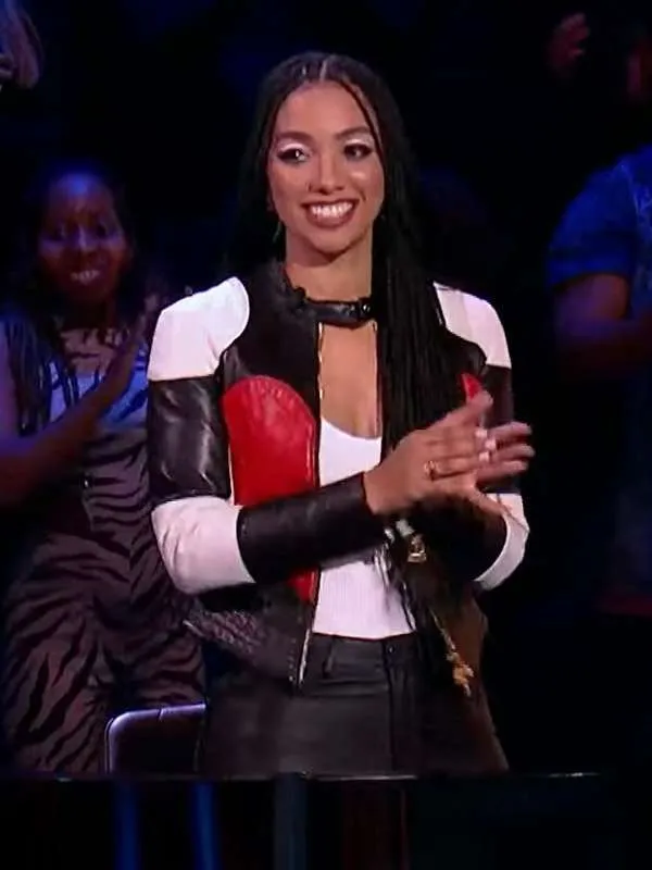 order now Corinne Foxx Beat Shazam Black and White Leather Jacket for sale