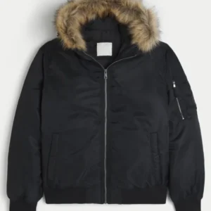 order now Hollister Faux Fur Hooded Black Bomber Jacket