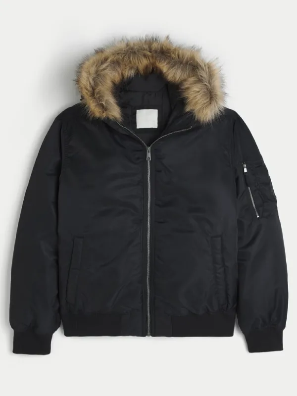 order now Hollister Faux Fur Hooded Black Bomber Jacket
