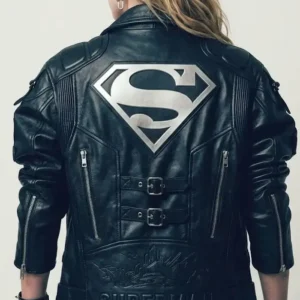 order now Milly Alcock Superman Black Leather Bomber Jacket