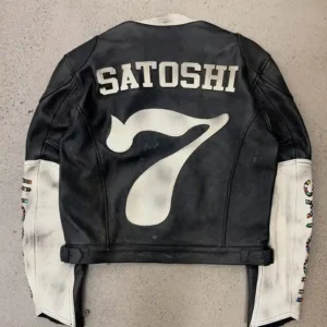 order now Satoshi Nakamoto Black Leather Moto Jacket