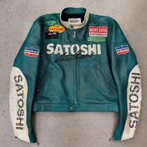 order now Satoshi Nakamoto Green Leather Moto Jacket