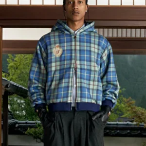 order now Shinzo Turquoise Plaid Zip Up Hoodie