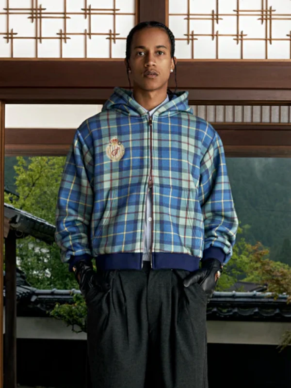 order now Shinzo Turquoise Plaid Zip Up Hoodie