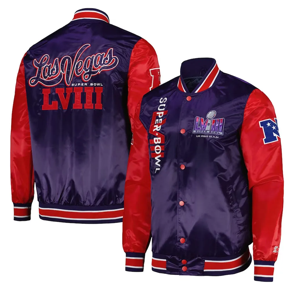 order now Super Bowl LVIII Purple and Red Varsity Satin Jacket