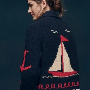 shop The Great Horse Sailboat Lodge Cardigan Sweater In Cream and Navy
