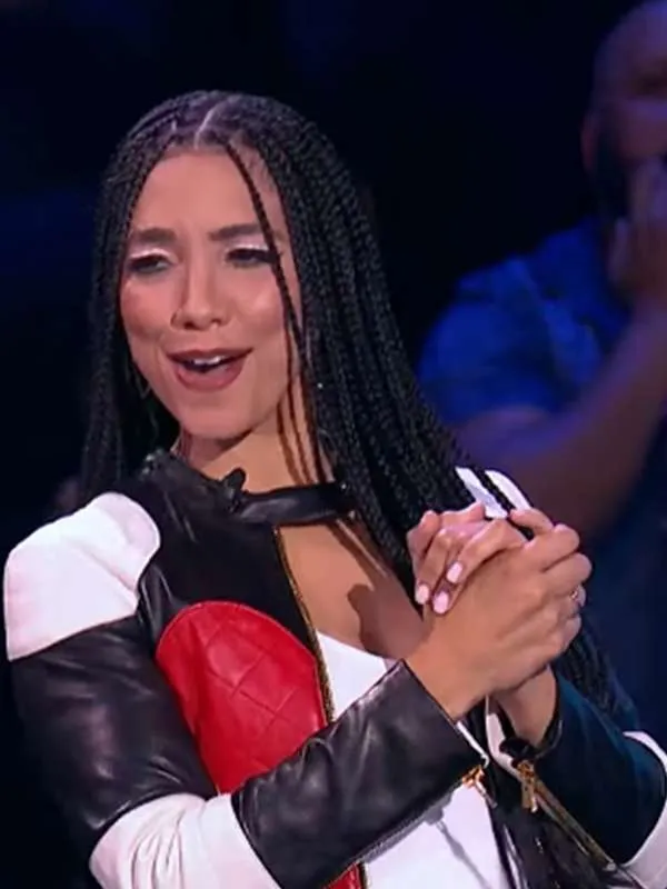 shop now Corinne Foxx Beat Shazam Black and White Leather Jacket