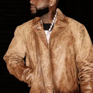 shop now Davido Brown Distressed Leather Jacket
