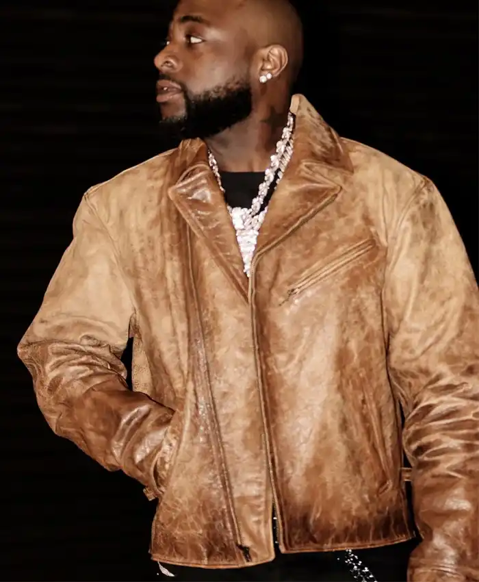 shop now Davido Brown Distressed Leather Jacket