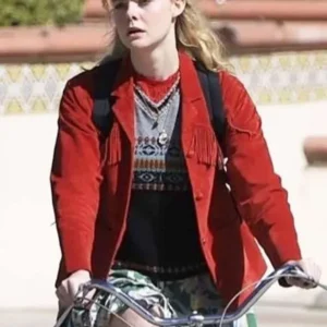 shop now Elle Fanning Margo’s Got Money Troubles Red Fringe Jacket