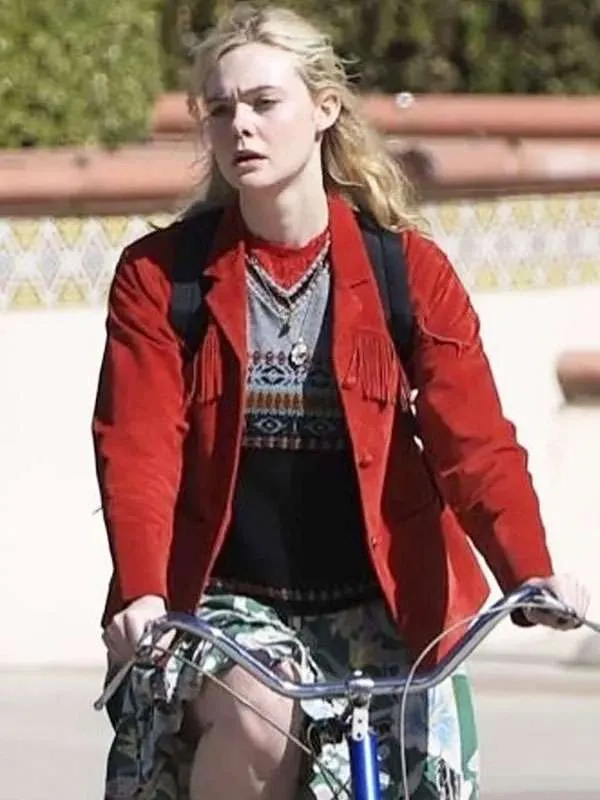 shop now Elle Fanning Margo’s Got Money Troubles Red Fringe Jacket