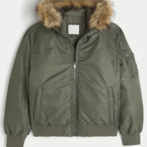 shop now Hollister Faux Fur Hooded Bomber Jacket