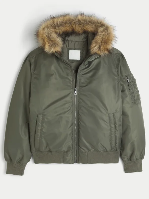 shop now Hollister Faux Fur Hooded Bomber Jacket