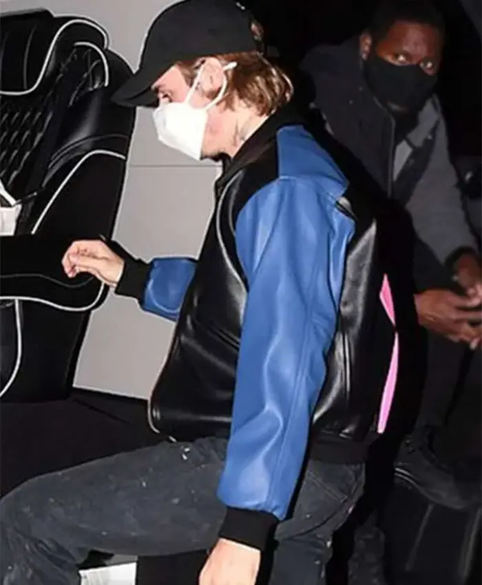 shop now Justin Bieber Tricolor Leather Bomber Jacket