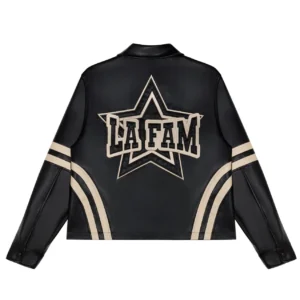 shop now La Fam Retro Varsity Leather Jacket
