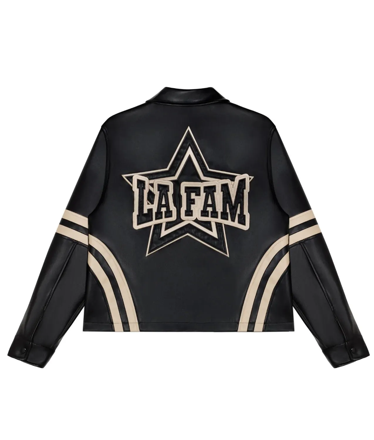 shop now La Fam Retro Varsity Leather Jacket