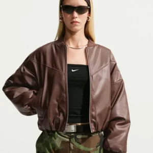 shop now Nike Brown Leather Bomber Jacket