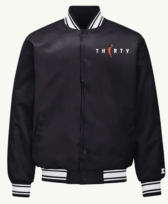 shop now WNBA 30th Anniversary Black Satin Varsity Jacket
