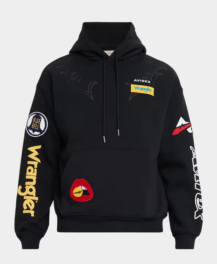 AVIREX x Wrangle Unisex Multi-Patch Black Hoodie