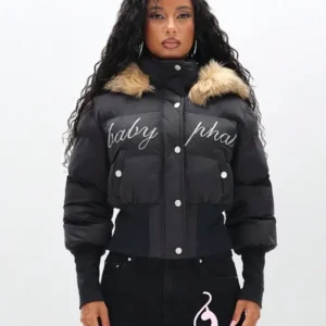 Baby Phat Cropped Black Puffer Jacket With Fur Hood