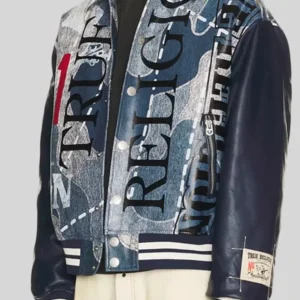 Bold denim-print bomber jacket design