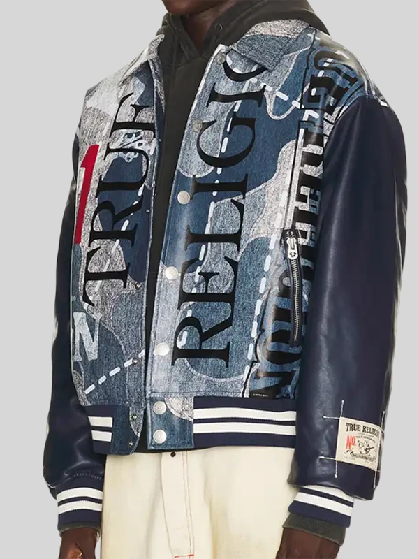 Bold denim-print bomber jacket design