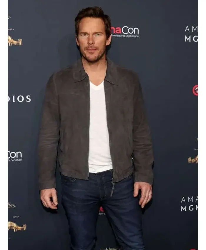 Chris Pratt Mercy 2026 Grey Suede Leather Jacket