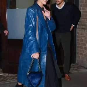 Dua Lipa Blue Leather Coat