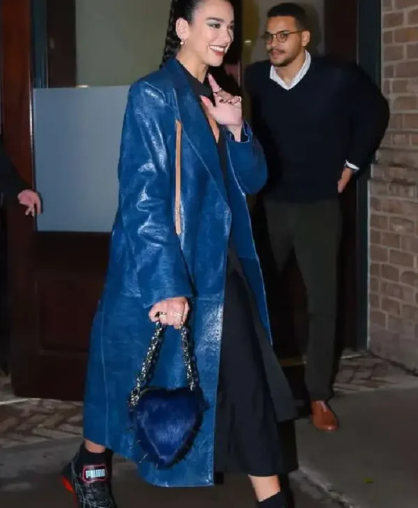 Dua Lipa Blue Leather Coat