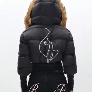 Get Baby Phat Cropped Black Puffer Jacket With Fur Hood