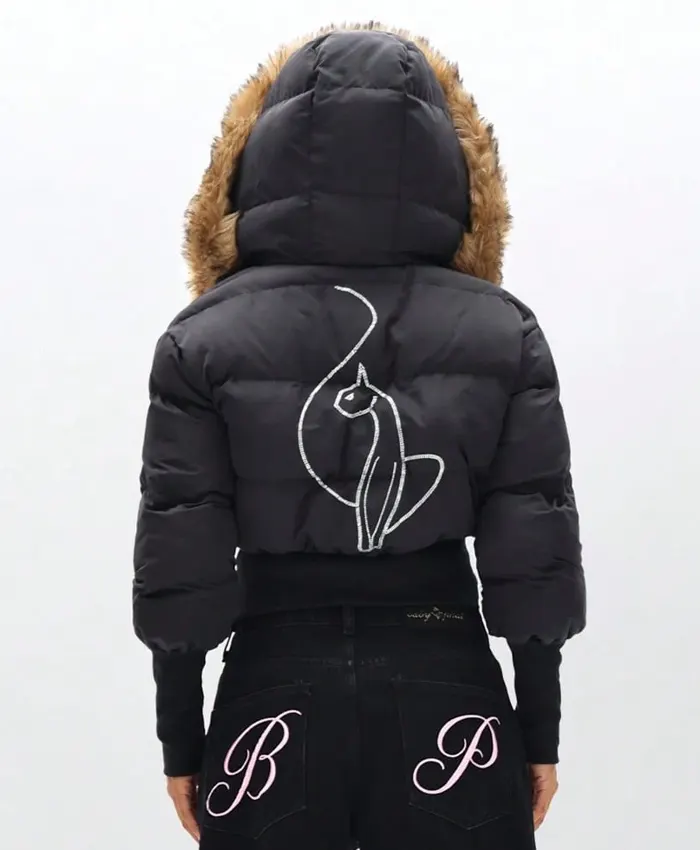 Get Baby Phat Cropped Black Puffer Jacket With Fur Hood
