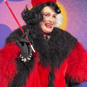 Get Cruella Deville D23 Expo Red And Black Fur Coat