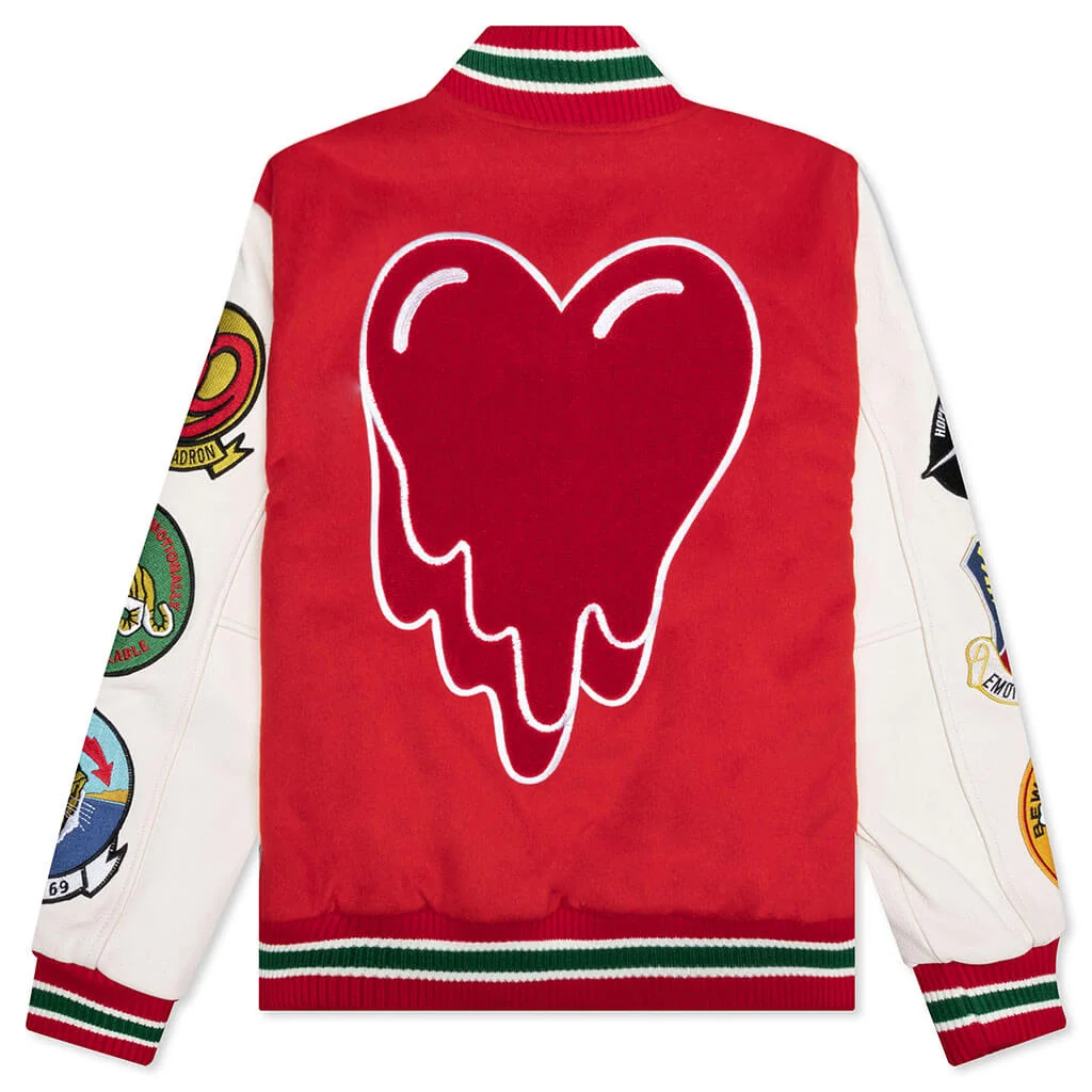 Emotionally Unavailable Patches Red Varsity Jacket - Image 2
