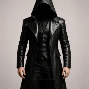 Get Halloween Gothic Vampire Black Leather Trench Coat With Hood