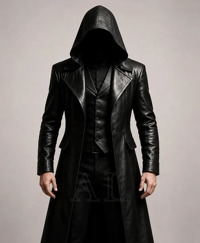 Get Halloween Gothic Vampire Black Leather Trench Coat With Hood