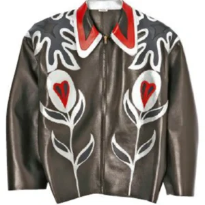 Get Harry Styles White And Teal Floral Miu Miu Leather JacketHarry Styles White And Teal Floral Miu Miu Leather Jacket
