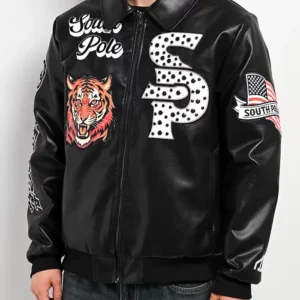 Get Southpole Stud Tiger Black Leather Bomber Jacket