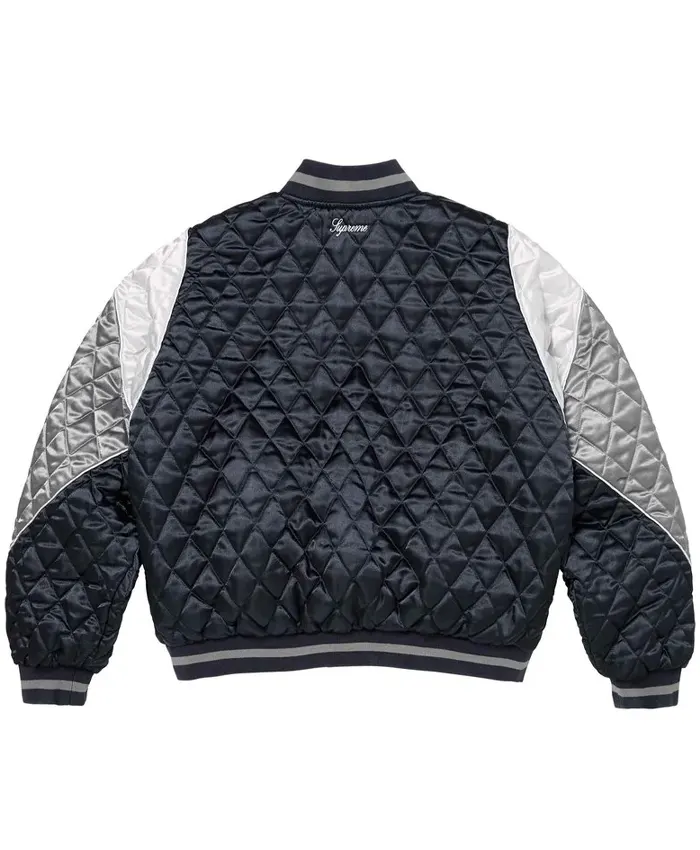 Get Supreme x Champion Quilted Navy Satin Varsity Jacket