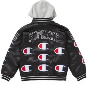 Get Varsity Supreme Champion Satin Black Jacket with Hood