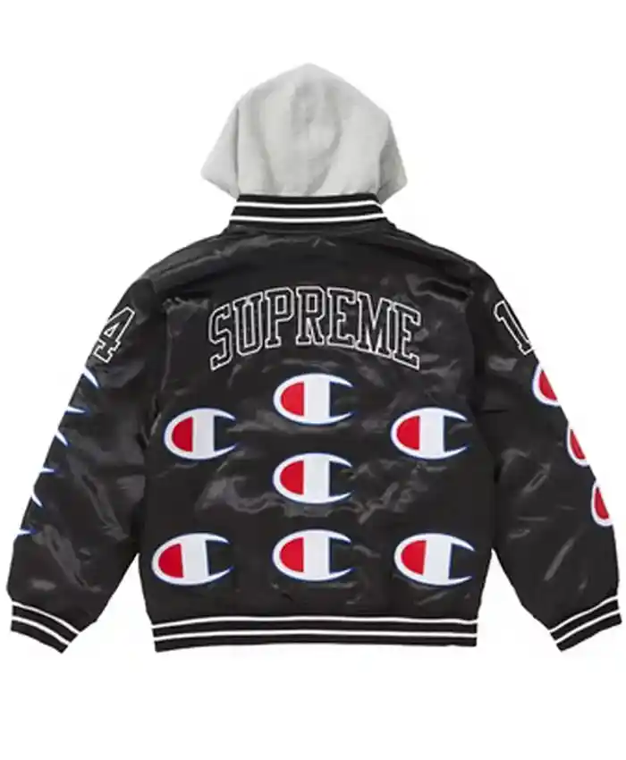 Get Varsity Supreme Champion Satin Black Jacket with Hood