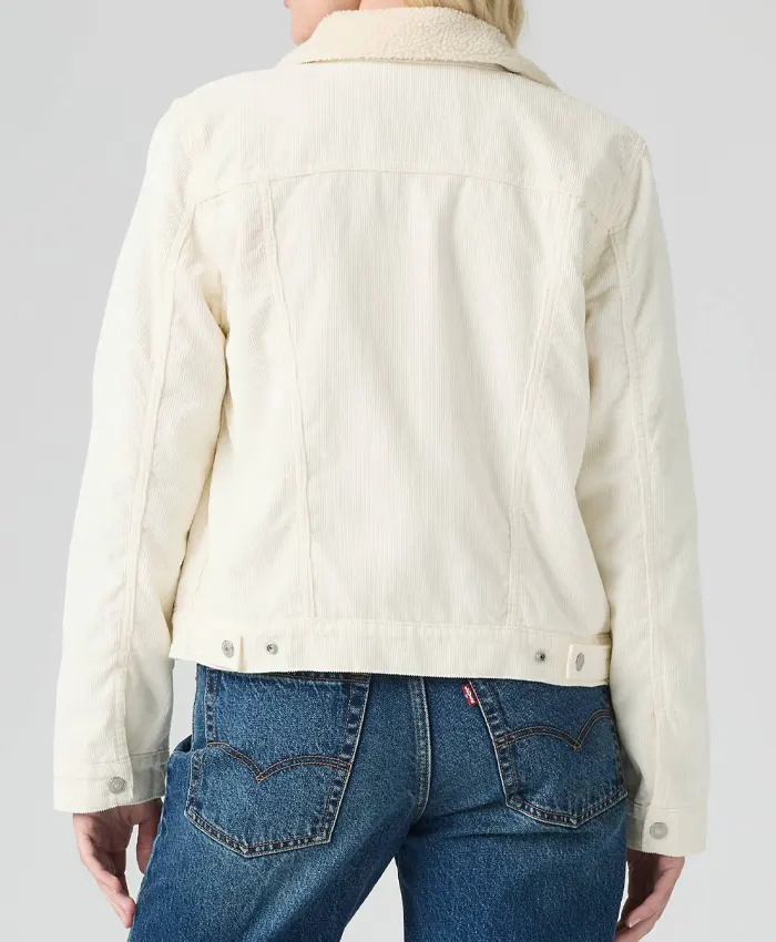 Get Women Levi’s White Sherpa Denim Trucker Jacket