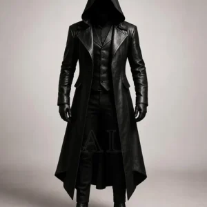 Halloween Gothic Vampire Black Leather Trench Coat With Hood