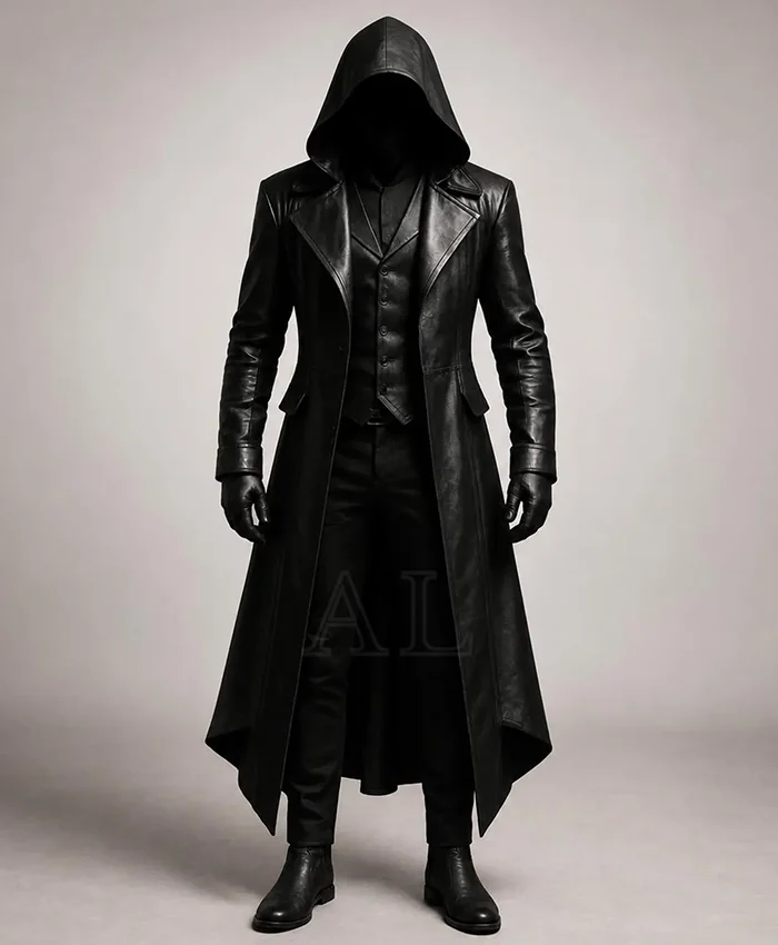 Halloween Gothic Vampire Black Leather Trench Coat With Hood
