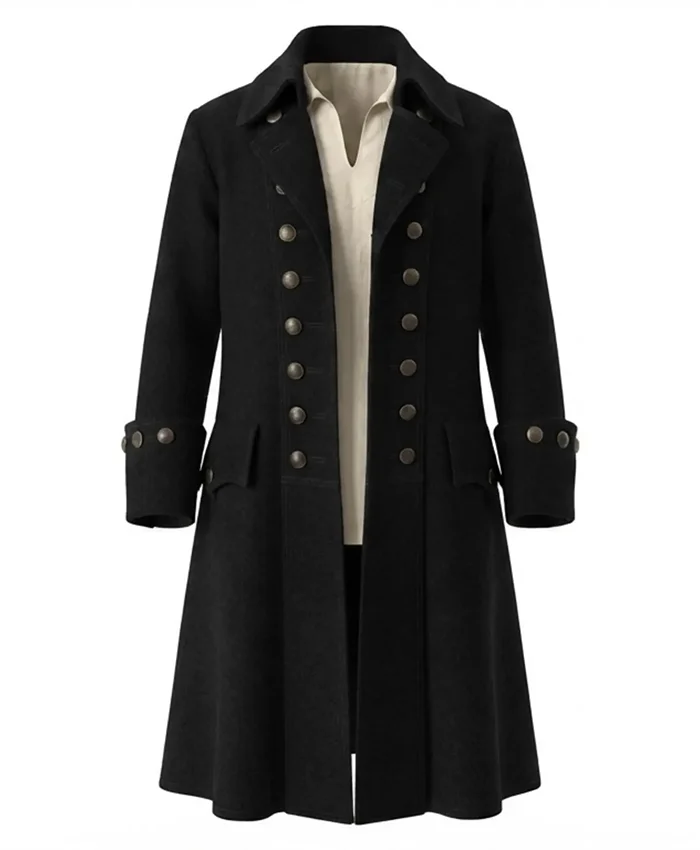 Halloween Pirate Wool Long Trench Black Coat