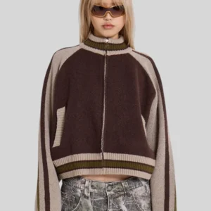 Jaded London Team 85 Knitted Brown Bomber Jacket